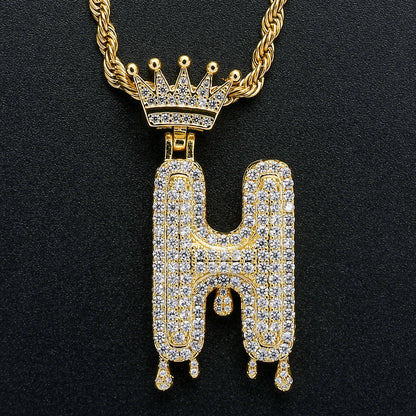 Rockyu ネックレス メンズ イニシャル A-Z 王冠モチーフ ゴールド ジルコニア ヒップホップ アクセサリー