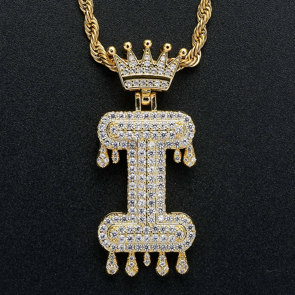 Rockyu ネックレス メンズ イニシャル A-Z 王冠モチーフ ゴールド ジルコニア ヒップホップ アクセサリー