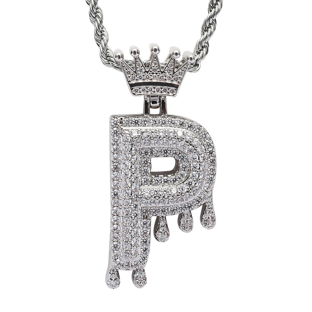 Rockyu ネックレス メンズ イニシャル A-Z 王冠モチーフ ゴールド ジルコニア ヒップホップ アクセサリー
