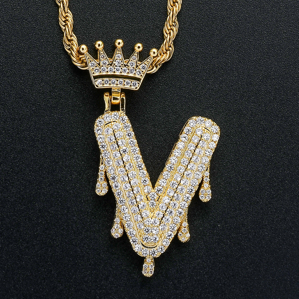 Rockyu ネックレス メンズ イニシャル A-Z 王冠モチーフ ゴールド ジルコニア ヒップホップ アクセサリー