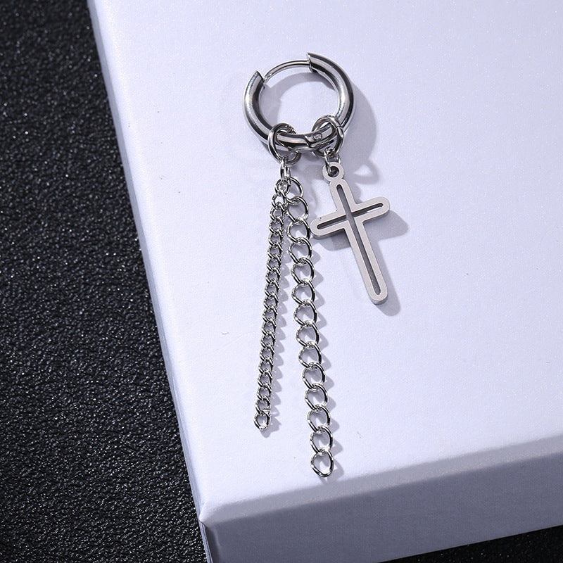 Rockyu メンズピアスセット 十字架 スター スパイク付きチェーンフープピアス