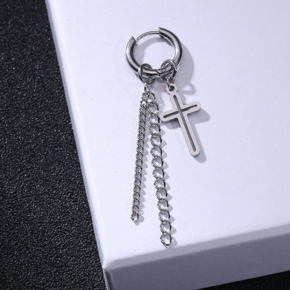 Rockyu メンズピアスセット 十字架 スター スパイク付きチェーンフープピアス