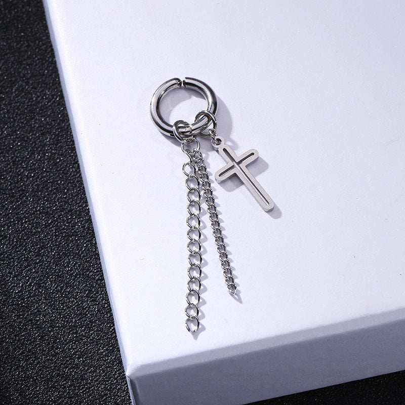 Rockyu メンズピアスセット 十字架 スター スパイク付きチェーンフープピアス