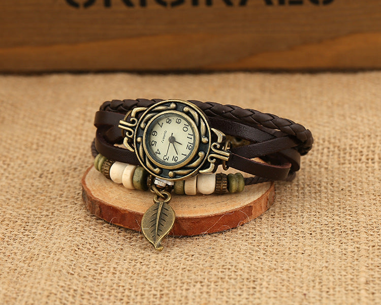 Rockyu リーフチャーム付き レザーブレスレットウォッチ【全7色・手作り】