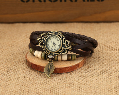 Rockyu リーフチャーム付き レザーブレスレットウォッチ【全7色・手作り】