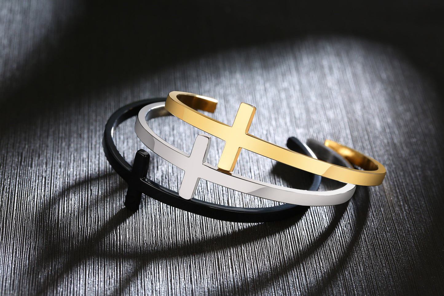 Rockyu バングル メンズ レディース クロスデザイン ステンレス ブレスレット ゴールド シルバー ブラック 金属アレルギー対応