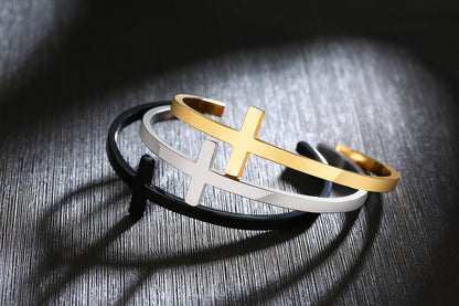 Rockyu バングル メンズ レディース クロスデザイン ステンレス ブレスレット ゴールド シルバー ブラック 金属アレルギー対応