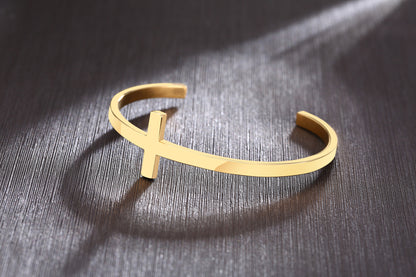 Rockyu バングル メンズ レディース クロスデザイン ステンレス ブレスレット ゴールド シルバー ブラック 金属アレルギー対応