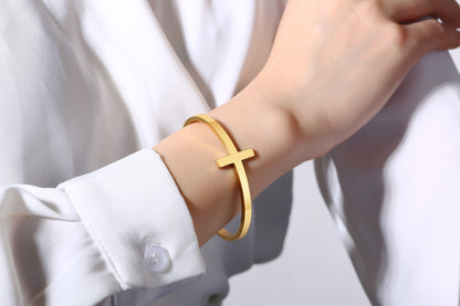 Rockyu バングル メンズ レディース クロスデザイン ステンレス ブレスレット ゴールド シルバー ブラック 金属アレルギー対応