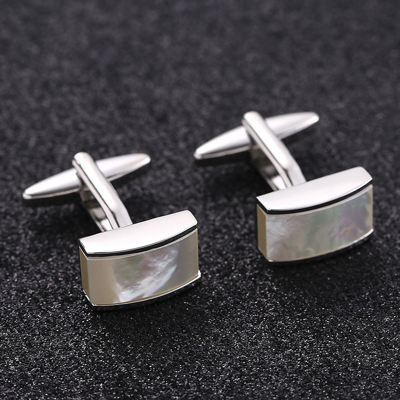 Rockyu カフス メンズ 白蝶貝 シルバー 長方形 貝殻カフリンクス ビジネス