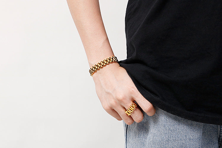 Rockyu ブレスレット メンズ リングセット ステンレス チェーン 太め 2色 ゴールド×シルバー ペア風 アクセサリー