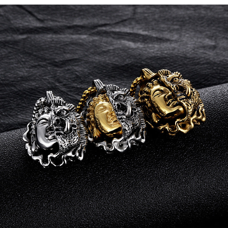 Rockyu ブッダ＆デーモンペンダント メンズネックレス ステンレス製 ゴールド＆シルバー 厄除けデザイン