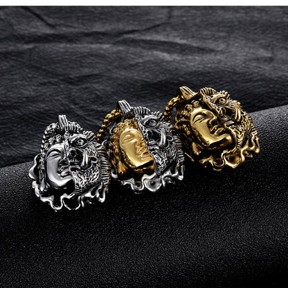 Rockyu ブッダ＆デーモンペンダント メンズネックレス ステンレス製 ゴールド＆シルバー 厄除けデザイン