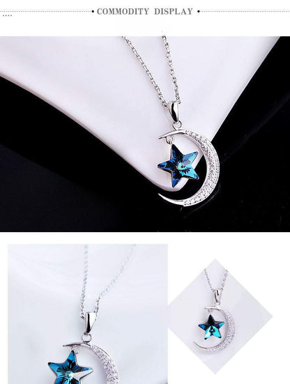 Rockyu 月と星ネックレス レディース シルバー925 アクアマリン風 スター＆ムーンペンダント