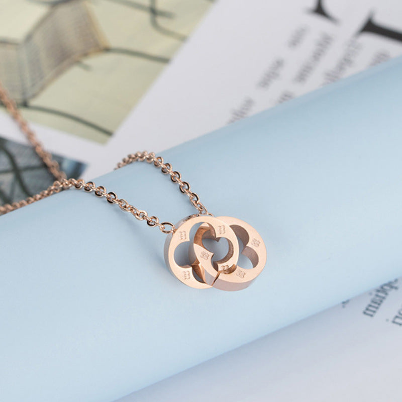 ダブルリングクローバーネックレス｜18金風ステンレス｜レディース シンプルペンダント