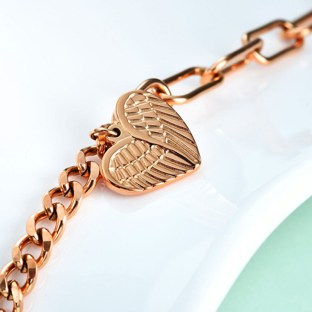 Rockyu ブレスレット レディース ハートチャーム付き 天使の翼モチーフ OTチェーン 18cm