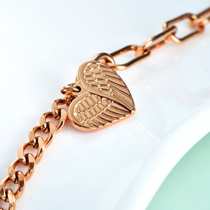 Rockyu ブレスレット レディース ハートチャーム付き 天使の翼モチーフ OTチェーン 18cm