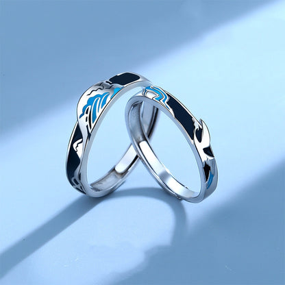Rockyu 指輪 レディース フリーサイズ シルバー925 波・月モチーフ ブルーエナメル ペアリング風デザイン