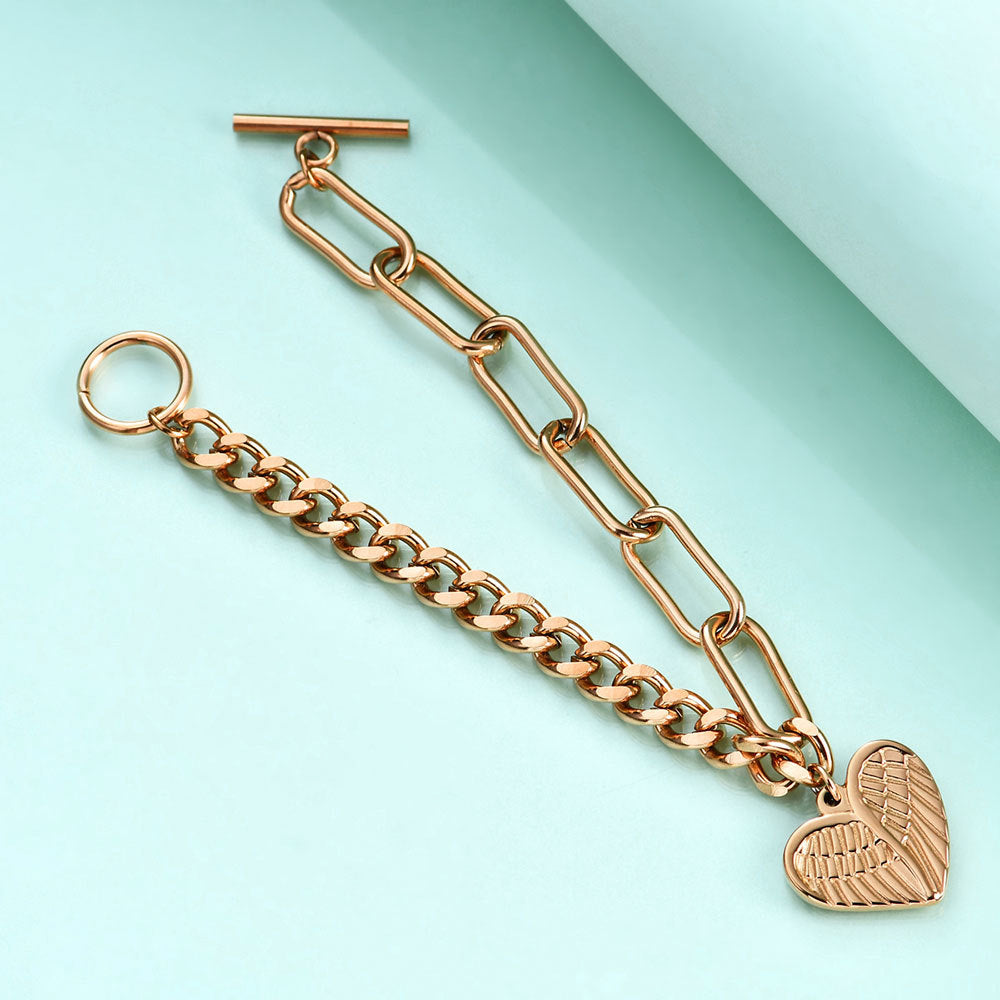 Rockyu ブレスレット レディース ハートチャーム付き 天使の翼モチーフ OTチェーン 18cm