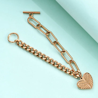 Rockyu ブレスレット レディース ハートチャーム付き 天使の翼モチーフ OTチェーン 18cm