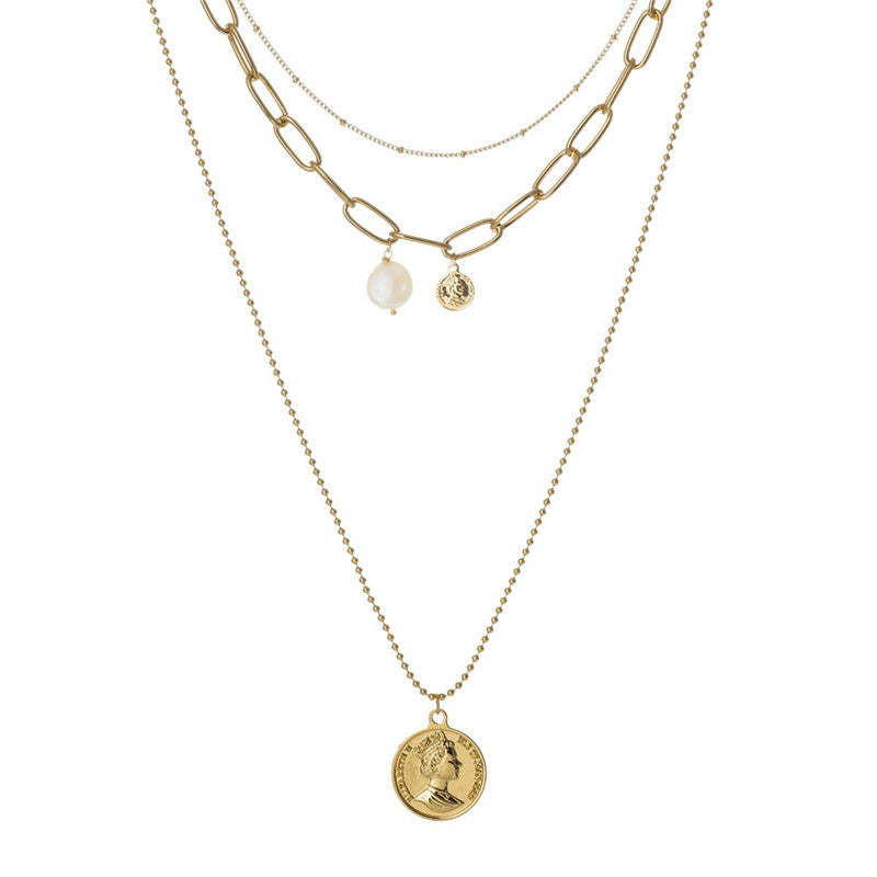 Rockyu ネックレス レディース ゴールド 18金仕上げ 三連チェーン コインネックレス パールペンダント ステンレス 金属アレルギー対応 ファッションアクセサリー