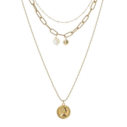 Rockyu ネックレス レディース ゴールド 18金仕上げ 三連チェーン コインネックレス パールペンダント ステンレス 金属アレルギー対応 ファッションアクセサリー