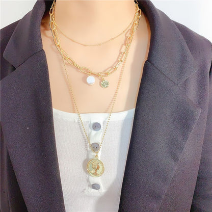 Rockyu ネックレス レディース ゴールド 18金仕上げ 三連チェーン コインネックレス パールペンダント ステンレス 金属アレルギー対応 ファッションアクセサリー