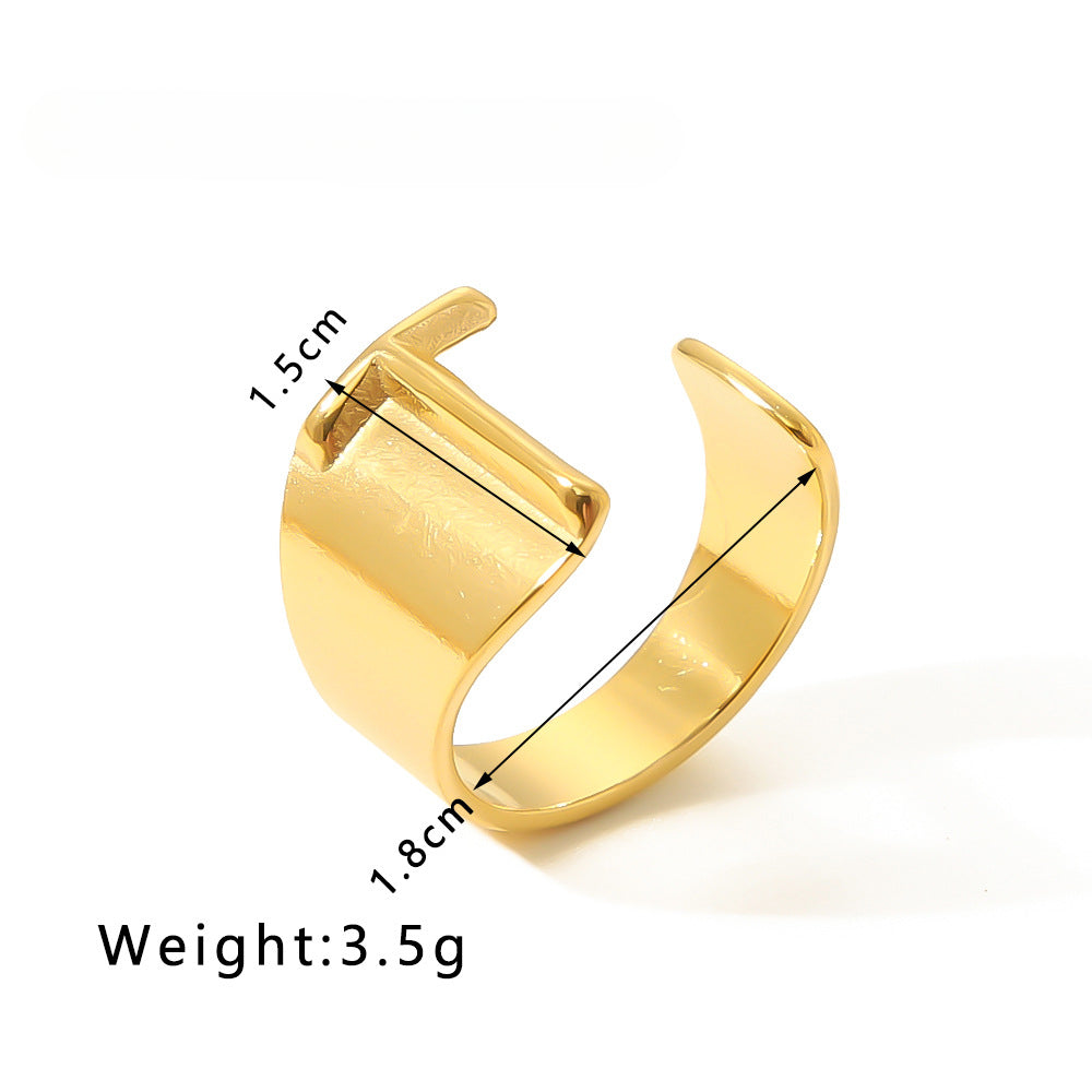 Rockyu イニシャルリング A〜Z選べる 太めゴールド フリーサイズステンレス指輪