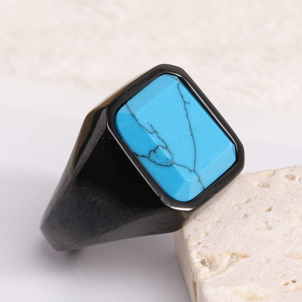 ステンレス印台リング メンズ｜ブラックオニキス＆ターコイズ デザイン 指輪