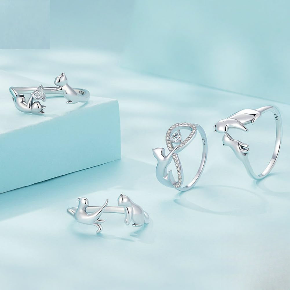 Rockyu 猫リング レディース フリーサイズ シルバー925 親子猫デザイン