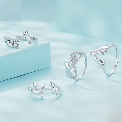 Rockyu 猫リング レディース フリーサイズ シルバー925 親子猫デザイン