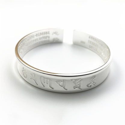 Rockyu バングル ブレスレット メンズ レディース シルバー ブラック 六字真言 刻印 幅広デザイン サイズ調節可