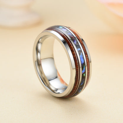 Rockyu メンズリング 幅広 8mm タングステン アワビシェル & 木目インレイ 男女兼用
