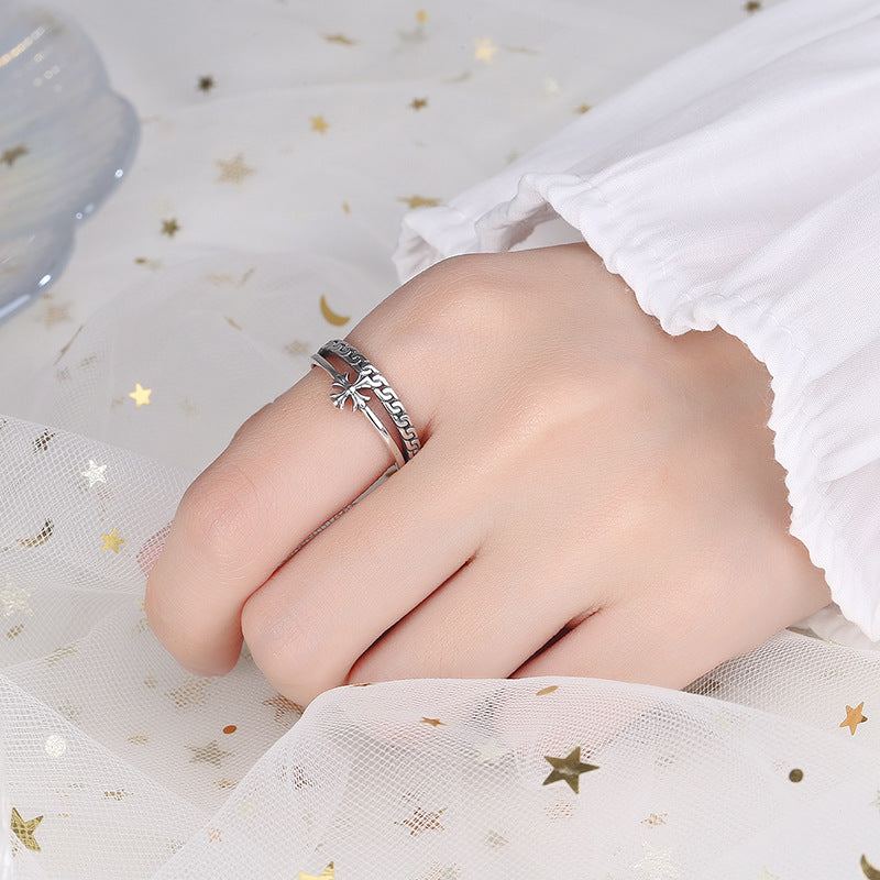 Rockyu シルバー925 レディースリング｜クロス＆チェーン風デザイン 二連風フリーサイズリング