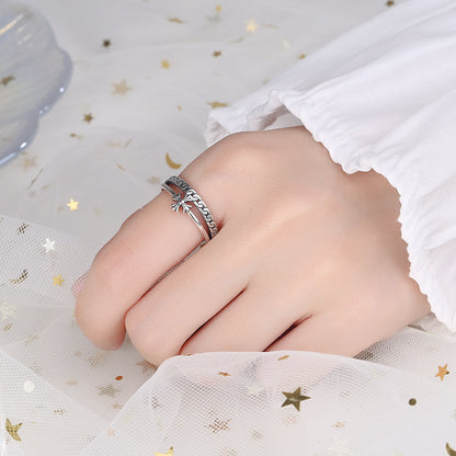 Rockyu シルバー925 レディースリング｜クロス＆チェーン風デザイン 二連風フリーサイズリング