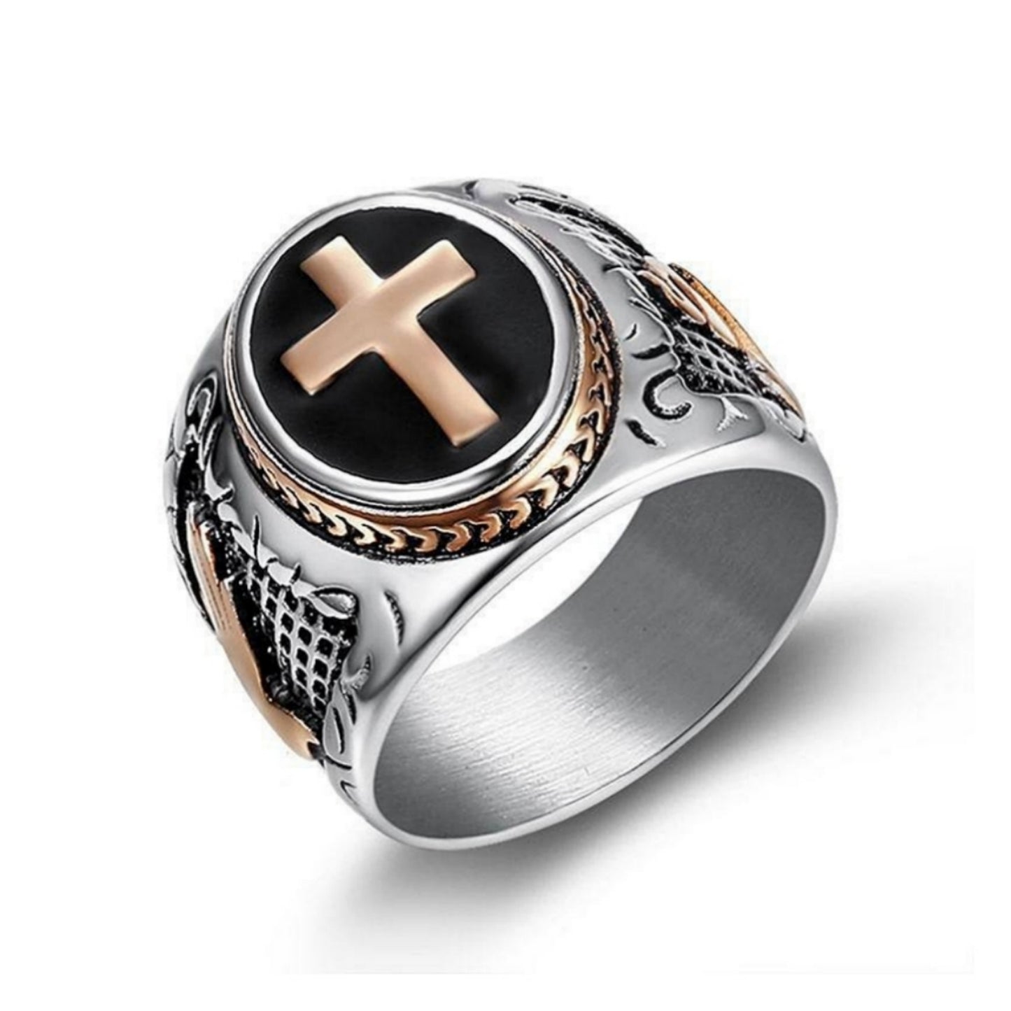 Rockyu クラウン＆クロス ステンレスリング メンズ重厚デザイン指輪 十字架モチーフ
