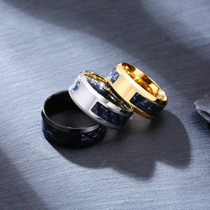 Rockyu メンズリング ステンレス製 炭素繊維チェック＆刻印デザイン シルバー×ブラック