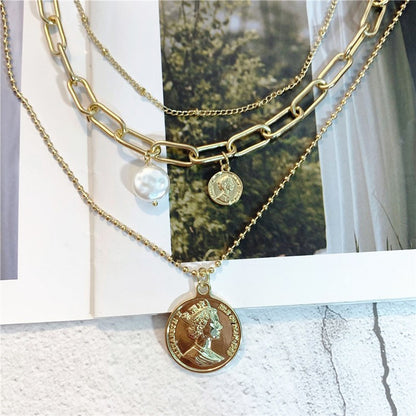 Rockyu ネックレス レディース ゴールド 18金仕上げ 三連チェーン コインネックレス パールペンダント ステンレス 金属アレルギー対応 ファッションアクセサリー