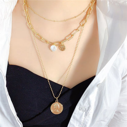 Rockyu ネックレス レディース ゴールド 18金仕上げ 三連チェーン コインネックレス パールペンダント ステンレス 金属アレルギー対応 ファッションアクセサリー