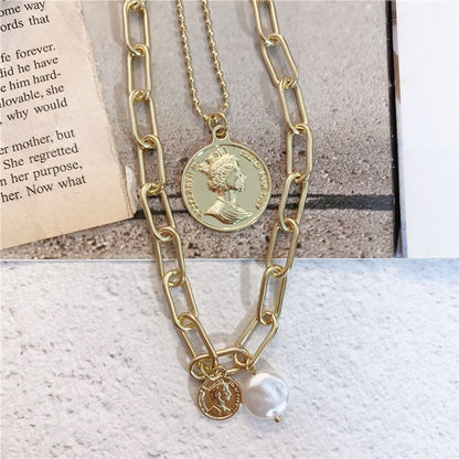 Rockyu ネックレス レディース ゴールド 18金仕上げ 三連チェーン コインネックレス パールペンダント ステンレス 金属アレルギー対応 ファッションアクセサリー