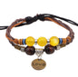 Rockyu ブレスレット メンズ レディース レザー ビーズ LOVEチャーム 多連 アジアン風 ブラウン 黄色ビーズ 編み込み 調整可能 アクセサリー ギフト
