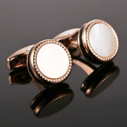 Rockyu メンズ 白蝶貝カフス ピンクゴールド ラウンドデザイン ステンレス製
