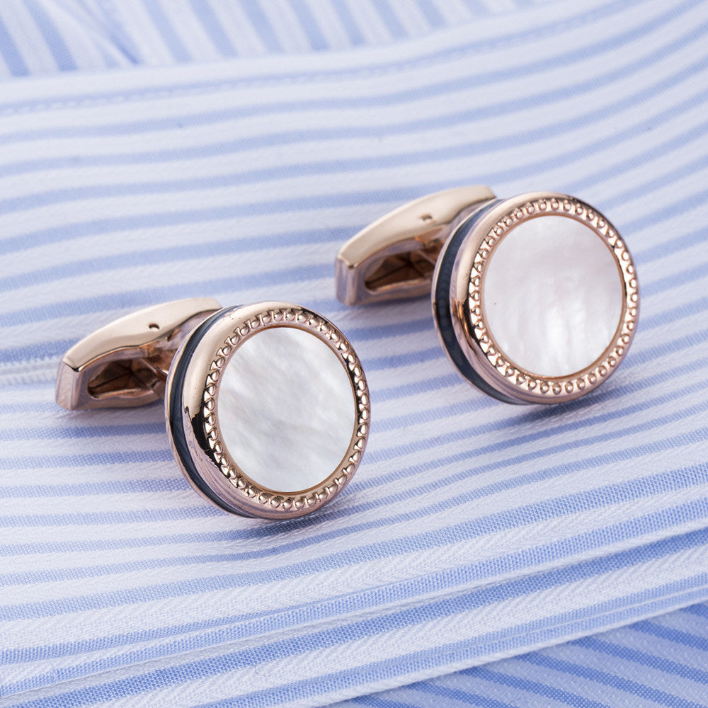 Rockyu メンズ 白蝶貝カフス ピンクゴールド ラウンドデザイン ステンレス製