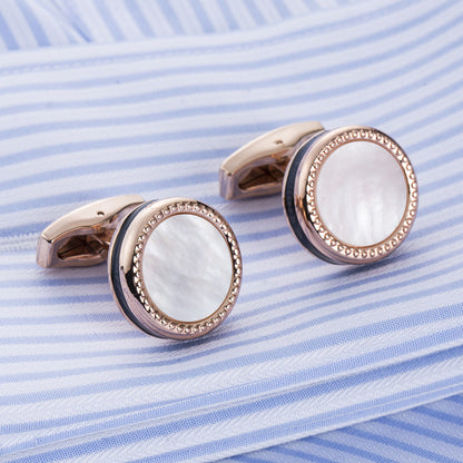 Rockyu メンズ 白蝶貝カフス ピンクゴールド ラウンドデザイン ステンレス製