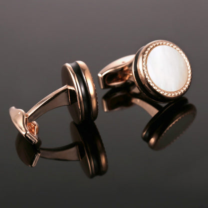 Rockyu メンズ 白蝶貝カフス ピンクゴールド ラウンドデザイン ステンレス製