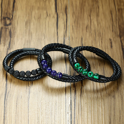 Rockyu 天然石 レザーブレスレット メンズ｜編み込みデザイン＆3カラー展開