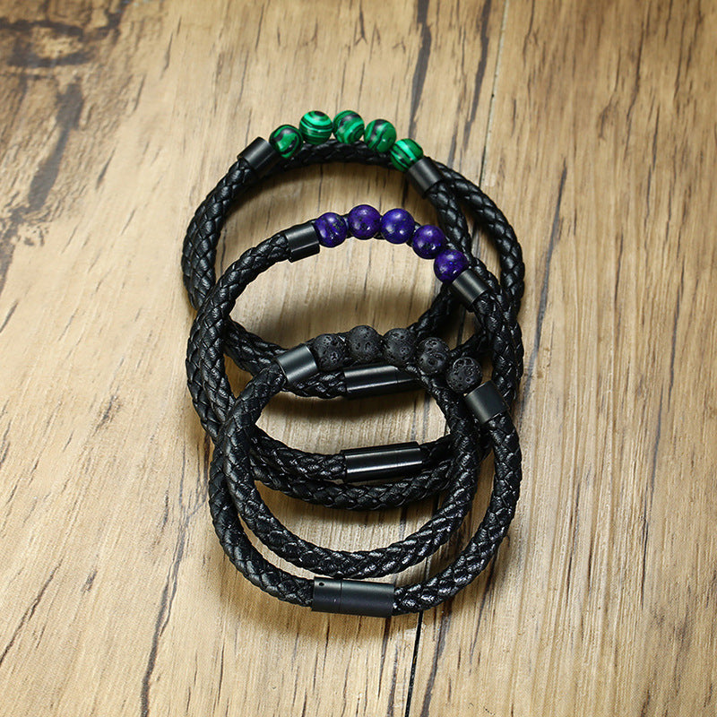 Rockyu 天然石 レザーブレスレット メンズ｜編み込みデザイン＆3カラー展開