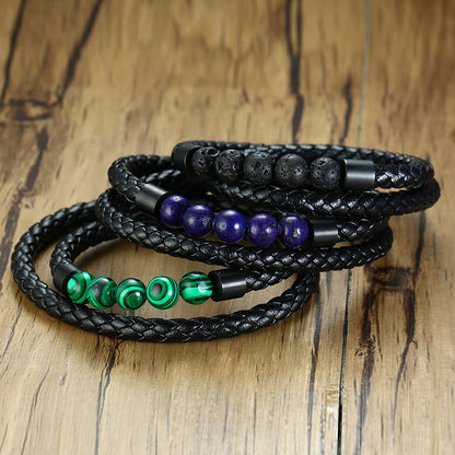 Rockyu 天然石 レザーブレスレット メンズ｜編み込みデザイン＆3カラー展開