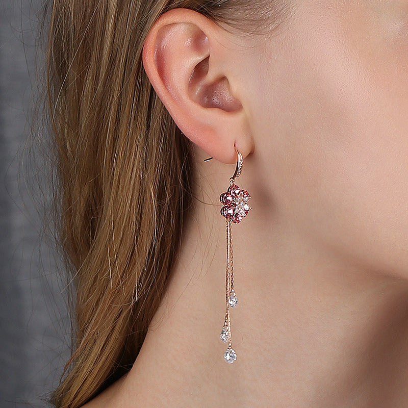 Rockyu ピアス レディース 18金ピンクゴールド フラワーモチーフ 揺れるジルコニアピアス