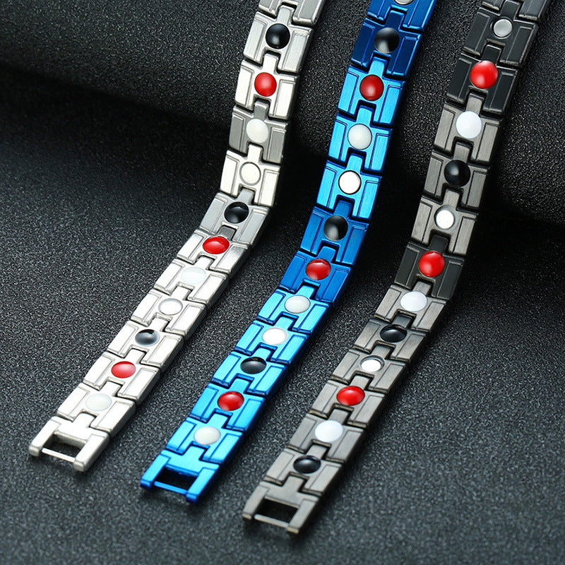 Rockyu メンズ 磁気ブレスレット ステンレス製 3連デザイン ブラック×ゴールド 高級感 シンプルおしゃれ